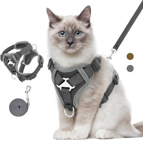 VavoPaw Katze Geschirr und Leinen-Set für Kätzchen, Welpen, Spaziergänge | Verstellbar Katzengeschirr mit Reflektierend Streifen Atmungsaktiv Mesh,Fluchtsicher Haustier Sicherheitsweste(Dunkelgrau,M)