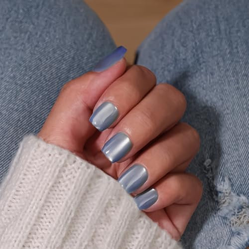 KQueenest Cat Eye Press on Nails Short Coffin, Bling Pastel Light Blue Short False Nails with Glue, Glazed Sparkly Glass Fake Nails Press ons, Reusable Soft Gel Stick on Nail for Women Summer, 30 Pcs