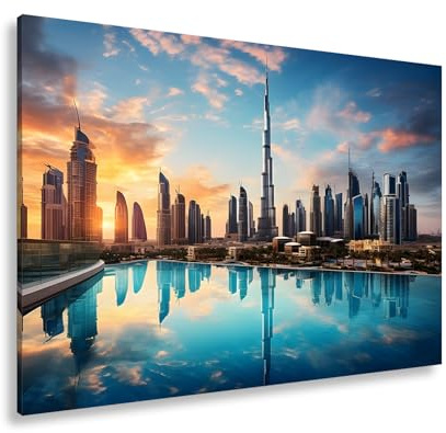 deyoli Leinwandbild Gläserne Skyline – Dubai spiegelt sich im Wasser der Dämmerung. Format: 120x80cm XXL Kunstdruck Bild auf Keilrahmen/Wandbild/Wohnzimmer Dekoration