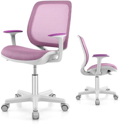 GOPLUS Silla de Escritorio Giratoria 360°, Silla para Ordenador para Niños de 6-15 Años, Altura Ajustable 43-55cm, Ruedas con Freno, Silla Ergonómica Infantil con Malla Transpirable Hogar (Violeta)