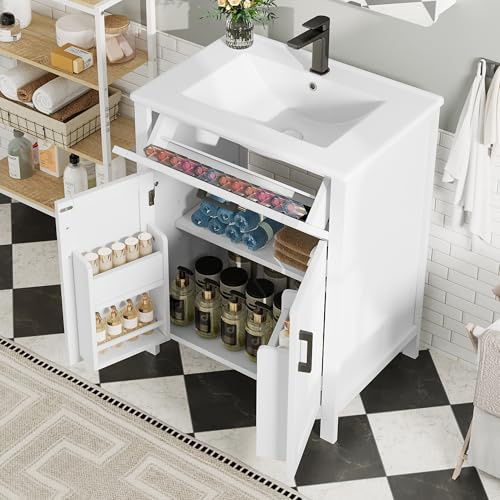 YuQozii 60 x 46 x 84,8 cm, mobile da bagno con ripiani a doppia porta, lavabo, pratici cassetti, ripiani regolabili, lavabo in ceramica integrato (bianco)