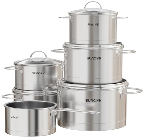 SUNCOK Topfset Induktion 6-teilig, Kochtopf Set mit Glasdeckel, Edelstahl 18/10, Kaltmetallgriffe, Literskala, Töpfe Set Spülmaschinenfest und Backofenfest, für alle Herdarten Geeignet