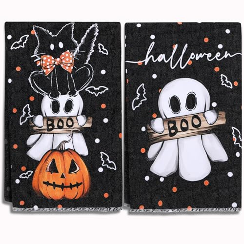 Toallas de Cocina de Halloween Paños de Cocina, Juego de 2 Trapos de Cocina con Diseño de Calabaza Fantasma, Halloween Paños de Lavado, Paños de Microfibra para Cocina, Baño, Decoración De Halloween
