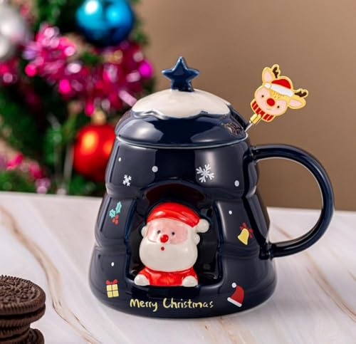 Huiyiwert Cute Christmas Mug Cartoon 3D Christmas Coffee Mug 450 ml Porcelain Coffee Mug with Stirring Rod Christmas New Year Gift Girls Women Men Grandma Colleague (Blue)