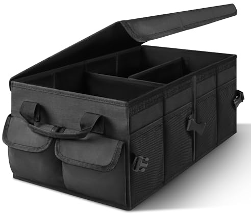 Premium Kofferraum-Organizer mit Deckel, stabil und rutschfest, faltbare Kofferraumtasche groß mit Doppelboden Kofferraumbox Kofferraum Organizer Box (Schwarz mit schwarzem Rand)