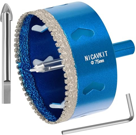 NICAVKIT 75mm Sierra de corona de diamante con 2 brocas piloto removibles,Dentada Brocas Coronas de Diamante para azulejos de porcelana, vidrio, cerámica, mármol, fibra de vidrio, etc