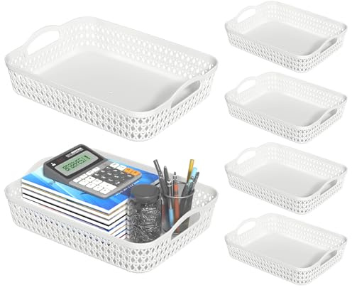 Vareone 6-Pack Plastic Storage Tray Basket, A4 Rectangular Plastic Shallow Basket for Home & Office Use(White)