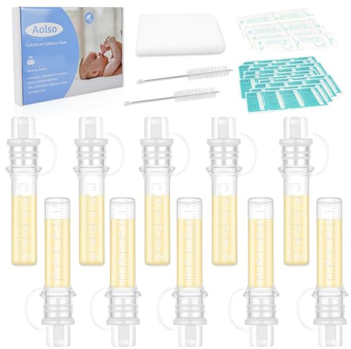 Aolso Colostrum Collector Kit,6ml/10pcs Silicone Breast Milk Collector,Reusable Colostrum Harvesting Kit with Cotton Cloth Wipe, Label Stickers,Cleaning Brush,Heat & Freezer Resistant,BPA-Free
