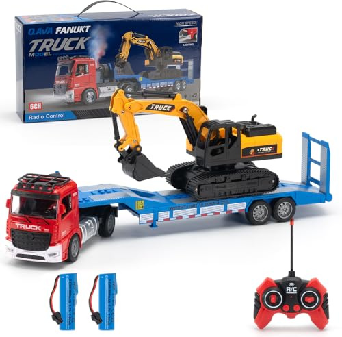 X-Verse Camion à plateau télécommandé 2,4 GHz et jouet pelleteuse, tracteur routier RC avec son et lumières adapté aux véhicules de construction pour garçons, 3 piles (rouge)