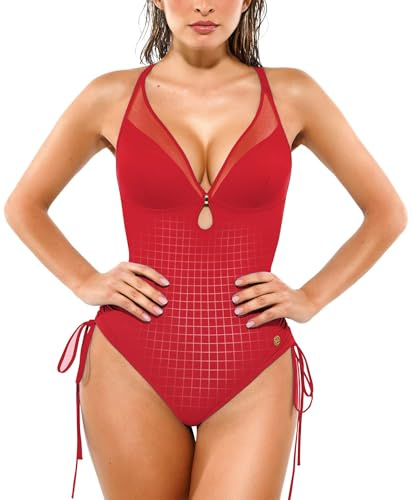 Popilush Tummy Control Swimsuits for Women - One Piece Shapewear Bathing Suit with Built-in Bra Mesh Slimming Swimsuit Red