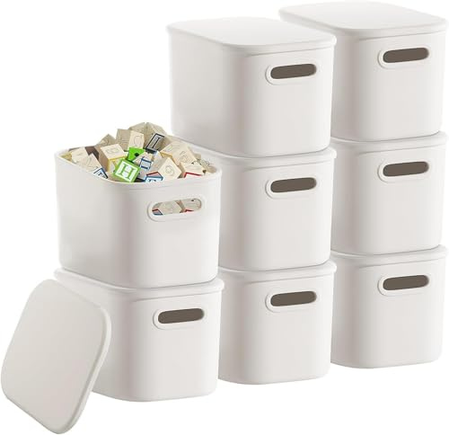 Malloom 8er-Set Aufbewahrungsboxen aus Kunststoff, weiße Aufbewahrungsboxen mit Deckel und Griff, stapelbare Vorratsschrank-Organizer-Körbe für Küchenschränke, Bad, Büroregale (26 x 18,5 x 16,5 cm)