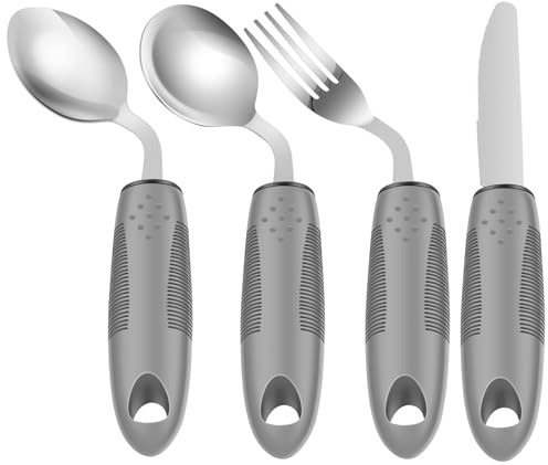4Pcs Adaptive Utensils Set, 42° Angled Disabled Cutlery for Adults Elderly | Easy Grip Disability Aids, Ergonomic Eating Aids with Knife Fork Spoon, Ideal for Hand Tremors, Arthritis, Parkinson Disease
