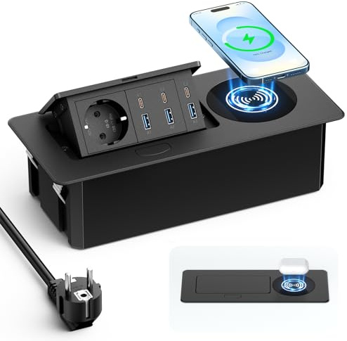Pindus Versenkbare Steckdose mit 6 USB & 15W kabellosem Laden, Schwarz