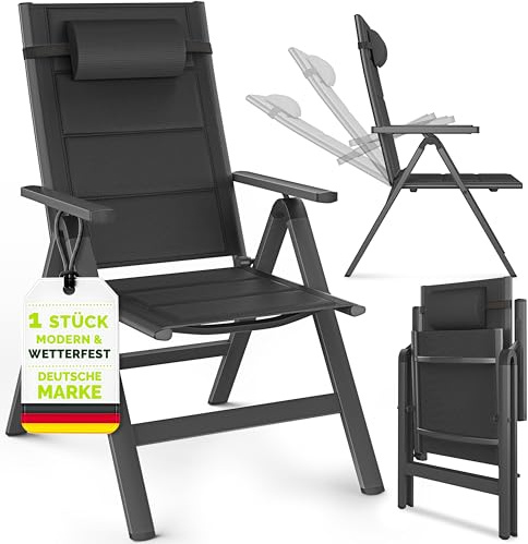 tillvex® Gartenstuhl Hochlehner 1 Stück mit Armlehnen & Kopfkissen | Klappstuhl 7-fach Verstellbar inkl. Polsterung | Campingstuhl Klappbar, Wetterfest & Atmungsaktiv | Gartenstühle Aluminium