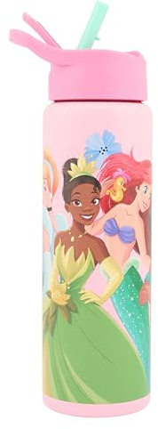 Disney Bouteille d'eau princesse en acier inoxydable 750 ml – Bouteille isotherme pour enfants avec couvercle à paille | Sans BPA | Lavage à la main uniquement | Maison officielle