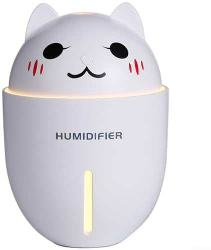 Niedlicher Katzen-Luftbefeuchter, 320 ml, USB-Tisch-Luftdiffusor mit Nachtlicht, leiser Betrieb unter 30 dB, einstellbare Nebelmodi für Schlafzimmer, Büro, Reisen, Weiß (Weiß)