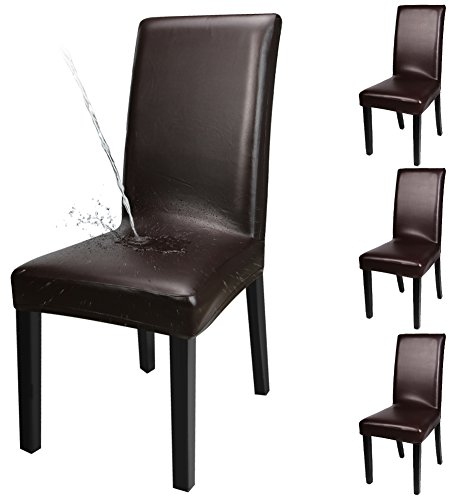 YISUN 4er/6er Set Esszimmer Stuhlhussen, solide Pu Leder wasserdichte Stretch Esszimmerstuhl Schutzhülle (4-Stück, Braun)