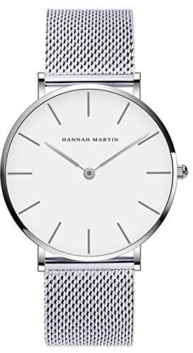 HANNAH MARTIN Herren Uhren Analog Quarz Edelstahl Wasserdicht Mesh Ultradünne (Weiß Oberfläche ,Silber Armband)