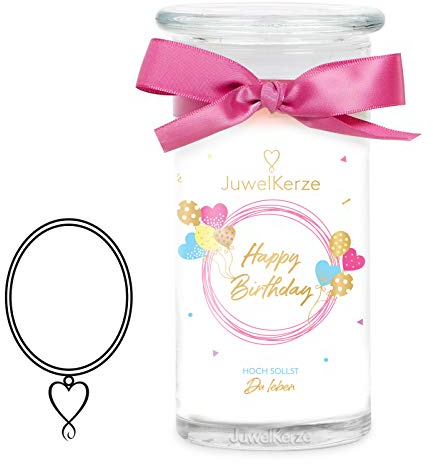 JuwelKerze Happy Birthday Halskette Silber - Schmuckkerze 80 Std - Große Duftkerze mit süßem Duft - Weiße Kerze mit Schmuck Überraschung - Geschenke für Frauen, Geburtstag