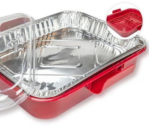 Aluminum Foil Carrier Casserole Dish Food Pans Lid Serving Spoon Exultimate (Red)