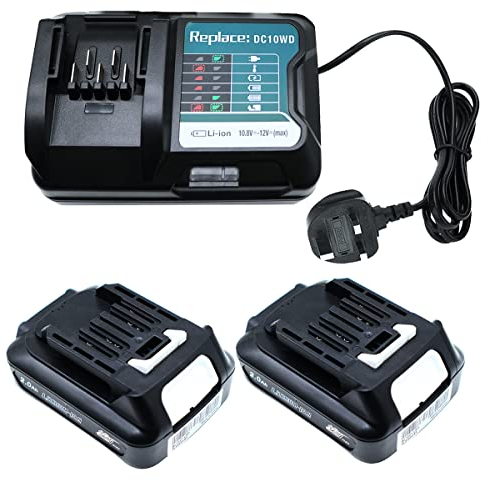 GOLEMON® 2pcs 12V 2.0 Ah BL1021B Battery and DC10WD Charger Replace for Makita BL1020B BL1041B BL1040B BL1015 BL1016 Battery; for Makita Tool charger DC10WC DC10SB
