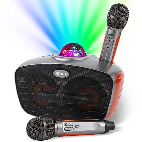 Machine de karaoké portable avec 2 microphones sans fil pour fête à la maison, réunion, mariage, église, pique-nique, extérieur/intérieur (LED-Orange)