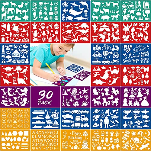 Qpout 30pcs Bunte Zeichenschablone für Kinder, Tier Meerjungfrau Dinosaurier Hai Auto Brief Malvorlagen für Jungen Mädchen Geburtstag Weihnachten Geschenke Kleinkinder Vorschule Malwerkzeug