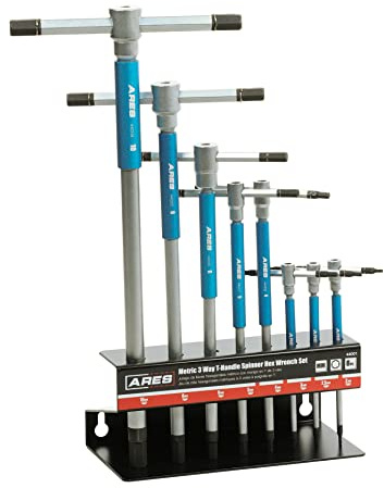 ARES 44001 – Lot de 8 clés Allen hexagonales à 3 voies avec poignée en T – Tailles de 2 mm à 10 mm – Poignée coulissante, manchon rotatif pour une vitesse polyvalente et une application de levier