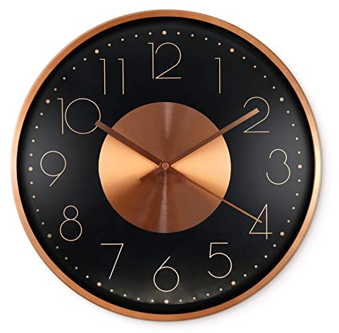K&L Wall Art Leise Aluminium Wanduhr 30cm ohne Tickgeräusche Metallic Büro Metalluhr Wanduhren (Kupfer Schwarz)