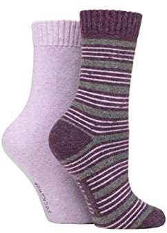 SockShop Ladies 2 Pair Wool Mix Striped and Plain Boot Socks Royal Purple Striped 4-8