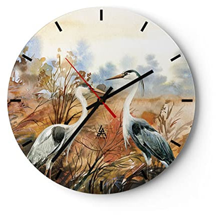 Modern Wanduhr Kraniche Vögel Herbst 30x30cm Rund Klein Wand Uhr Glas Analog Zimmeruhren Küche Büro Wohnzimmer Glasuhr Wall Clock Dekoration Design Wanddekoration Küchenuhr C3AR30x30-5077