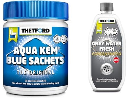 Thetford 202196/0619 Aqua Kem Blue Toilet Sachets, Blue, 375g (15 x 25 g) & 30700AK Grey Water Fresh Concentrated, 800 ml (Pack of 1)