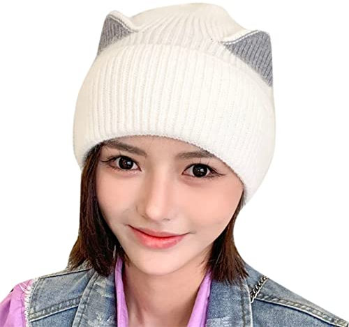 Chapeaux tricotés pour débutants et femmes - Ourlet plissé chaud - Chapeau en tricot - Bonnet en tricot - Pour les activités de plein air - Coupe-vent - Bleu rouge, Blanc., taille unique