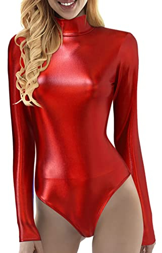 Damen Glänzende Ballettanzug Ballettbody Sport Tanz Body Gymnastikanzug Trikot Langarm Bodysuit Metallic Wetlook Einteiler Turnanzug Leotards Overall Lack Leder Oberteile Tops Kostüm (Rot, S)