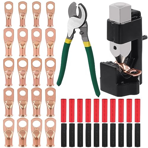 Rustark 42Pcs Battery Cable Lug Crimping Tool Set Includes Hammer Lug Crimper Tool, 10 Inches Cable Cutter and Copper Wire Lugs AWG 4 6 8 with Heat Shrink Tubes for Electrical Battery Welding Cables