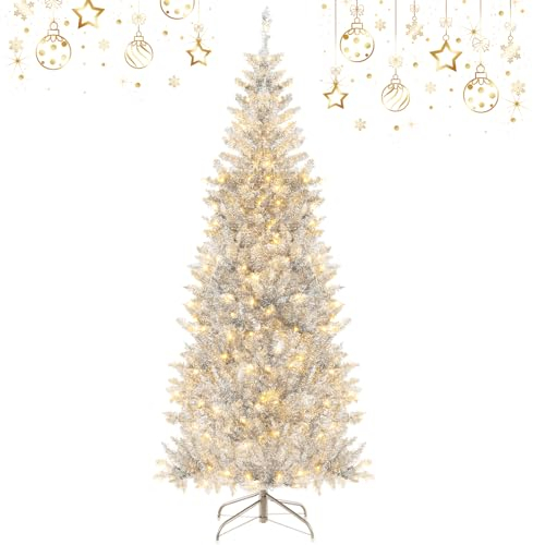 DREAMADE 180cm Künstlicher Weihnachtsbaum mit Beleuchtung, Silberer Tannenbaum mit Lametta-Blätter & Metallständer, Bleistift-Kunstbaum Weihnachten