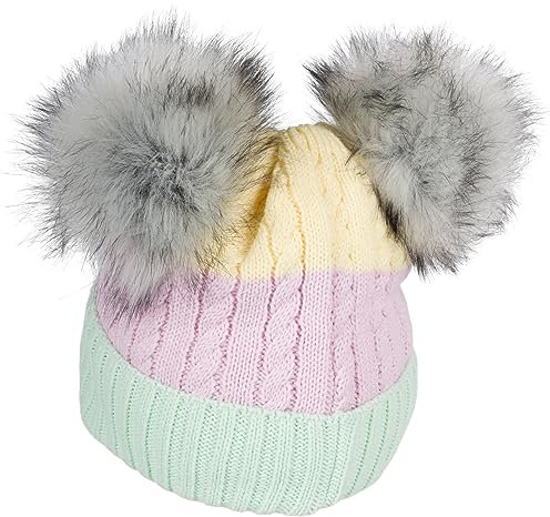 styleBREAKER Kinder Strick Bommelmütze 3-Farbig Gestreift, 2 Kunstfellbommel, Fleece Futter, 2-5 Jahre 04024204, Farbe:Mint-Flieder-Gelb
