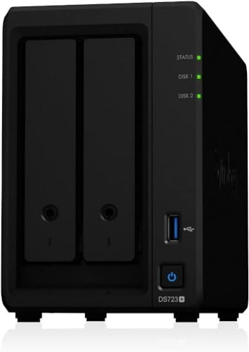 Synology DS723+ Station de disque NAS 2 baies (AMD Ryzen™ 4 threads R1600 Dual-Core 2 Go de RAM 2 x RJ-45 1 GbE port LAN) 8 To avec 2 disques durs Synology Plus Series HDDs (HAT3300-4T)