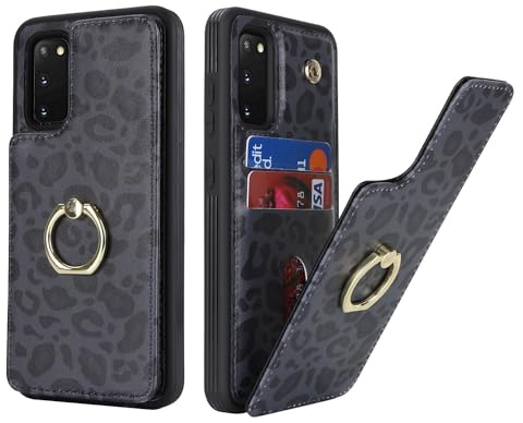 SailorTech für Samsung Galaxy S20 FE Handyhülle mit Kreditkartenhalter für Frauen, Samsung S20 FE Hülle Ring-Ständer Kartenschlitze Standfunktion Modische Tasche für Männer - Schwarzer Leopard