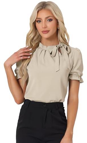 Allegra K Femmes Chemises Col Nœud Papillon Haut Chemisier Élégant Manches Courtes pour Bureau Halloween déguisement Kaki Clair S