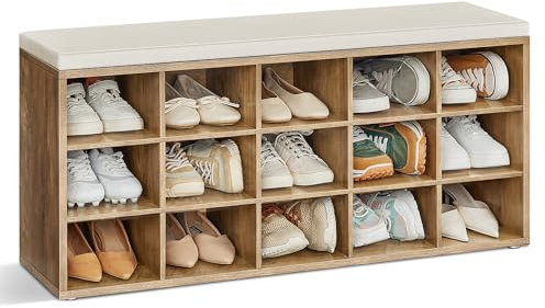 VASAGLE Banco Zapatero, Mueble Zapatero, Banco Recibidor con 15 Compartimentos y Asiento Acolchado, 30 x 105 x 48 cm, Entrada, Dormitorio, Sala de Estar, Marrón Miel y Beige Capuchino LHS015K02