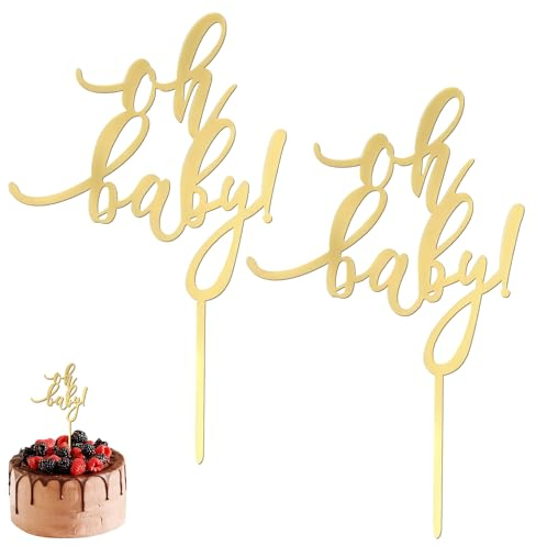 XNIVUIS 2 Pcs Gold Oh Baby Cake Topper Personalised Happy Birthday Glitter Cake Topper, Acrylic Happy Birthday Baby Shower Supplies for Boys and Girls,Decorations,Keepsakes (Gold)