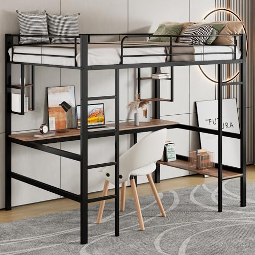 MQLAE Metallbett Bettgestell 90x200 cm, Hochbett mit Schreibtisch, Vier kleinen Regalen und Bücherregal, Etagenbett Bettrahmen für Kinder, Jugendliche und Erwachsene, Rausfallschutz, Schwarz