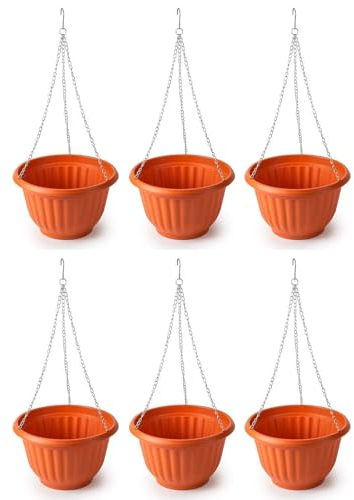 Acan Tradineur - Pack de 6 macetas Redondas Colgantes, plástico, Tiesto, macetero, Recipiente para Plantas, Flores, balcón, terraza, hogar, Fabricada en España (Marrón - 25 x 15 cm)