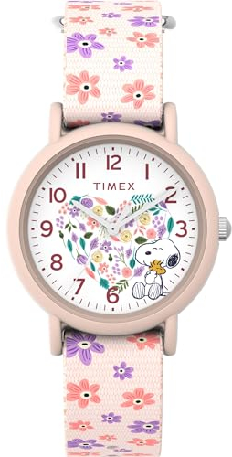 Timex Peanuts Floral Armbanduhr, Unisex, 34 mm, rosa Stoffarmband, weißes Zifferblatt, rosa Gehäuse TW2W33400