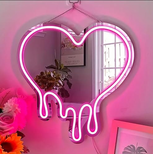 DAKABUKA Panneau néon en forme de cœur rose - Miroir néon rose - Miroir mural décoratif - Pour chambre à coucher, chambre de fille, fête, studio, boutique, décoration d'anniversaire (33 x 30 cm)