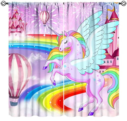 JanJCurt Einhorn-Vorhänge für Mädchen, rosa Prinzessin, magisches Schloss, Regenbogen-Heißluftballon, Fantasie-Märchen, violettes Feuerwerk, Druck, Fenstervorhänge für Kinderzimmer, Wohnzimmer, 106,7