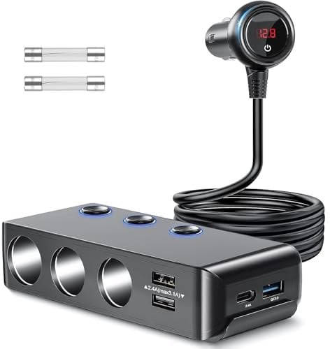 7 in 1 Cigarette Lighter Splitter, PD and QC3.0 USB Charger with Voltmeter, 12V/24V Car Cigarette Lighter, Fast Charging for Mobile Phones and Laptops