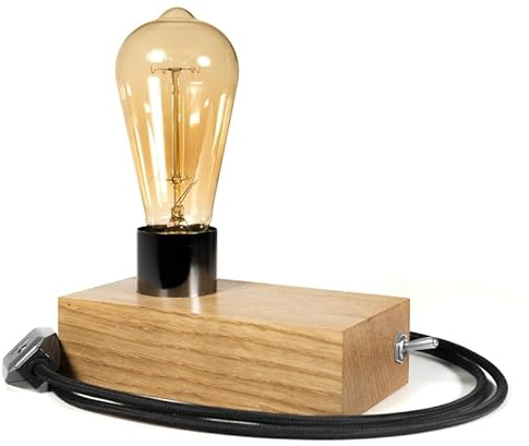 LED Wood Tischlampe Vintage Holz - Retro Nachttischlampe aus Eichenholz - Handgefertigte Tischleuchte Industrial mit E27 Edison-Glühbirne 40W - Steampunk Lampe für Schlafzimmer und Wohnzimmer