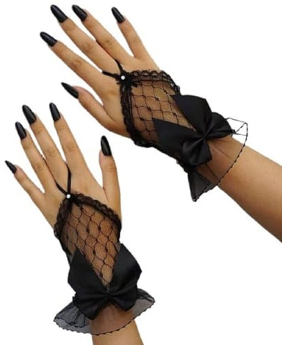 Amazleer Women's Bow Fingerless Lace Gloves Mesh Sheer Gothic Glove for Tea Party
